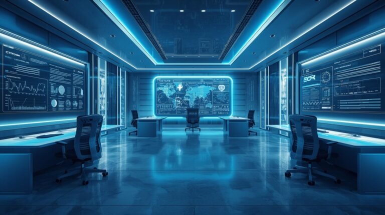 Modern secure workplace with cybersecurity and productivity systems